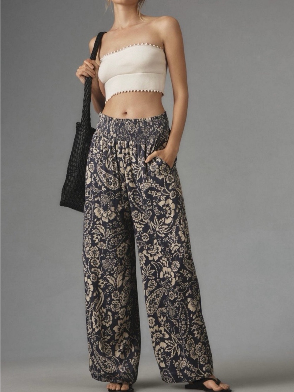 Maeve Navy and Cream Wide-Leg Printed Pants